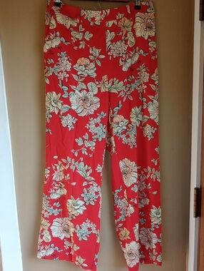 Zara Basic Floral Red Wide Leg Floral Flowy Pants  Size XL